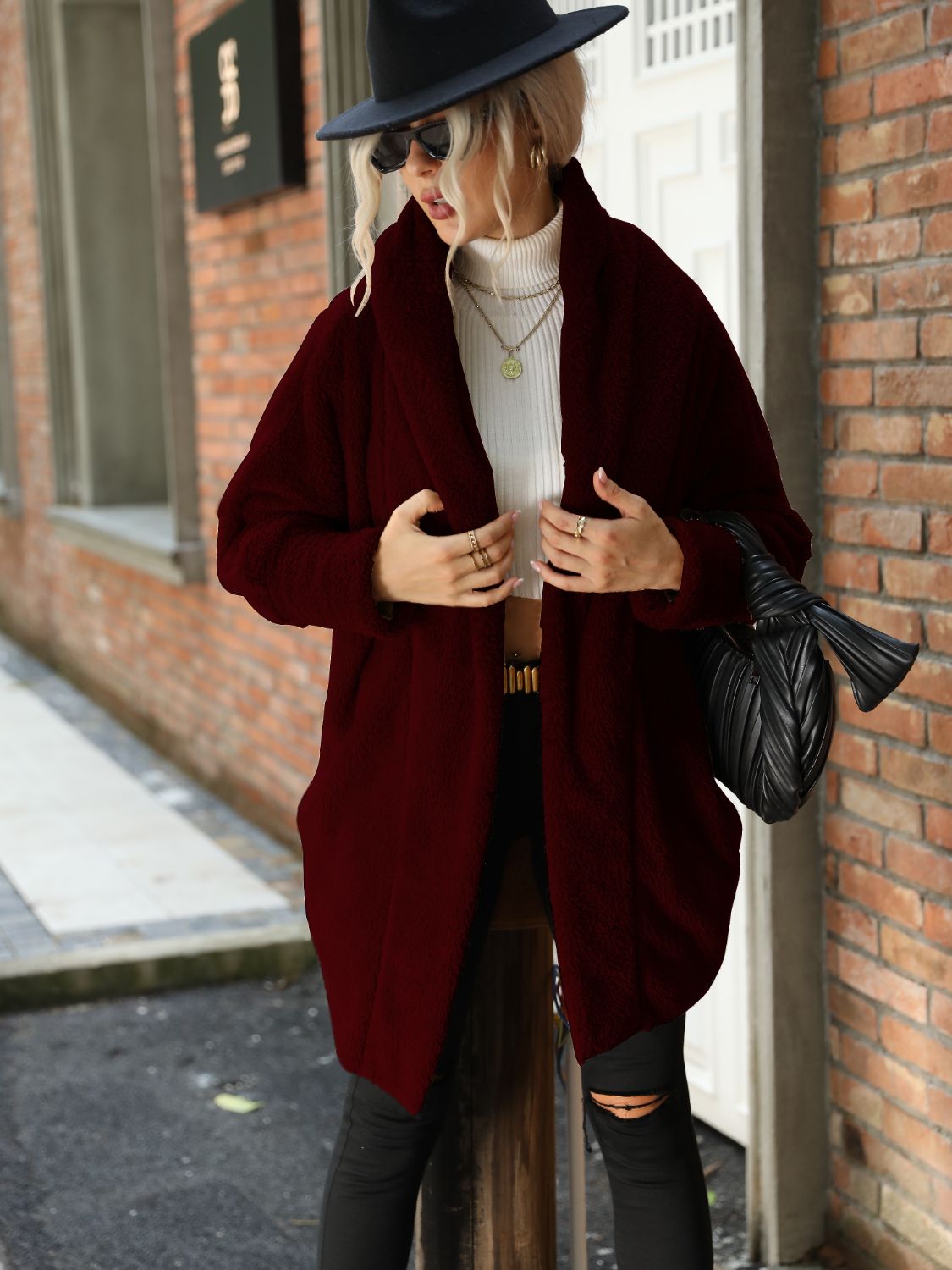 Buy wine Open Front Hooded Teddy Coat