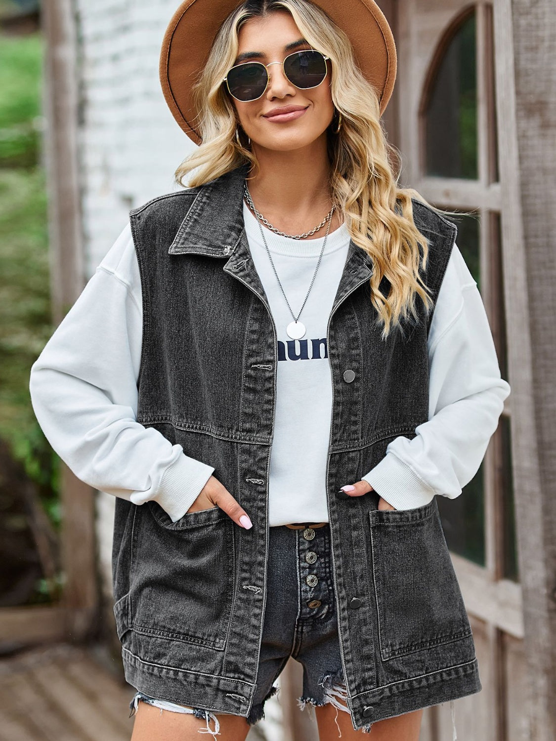 Buy black Button Front Sleeveless Denim Jacket