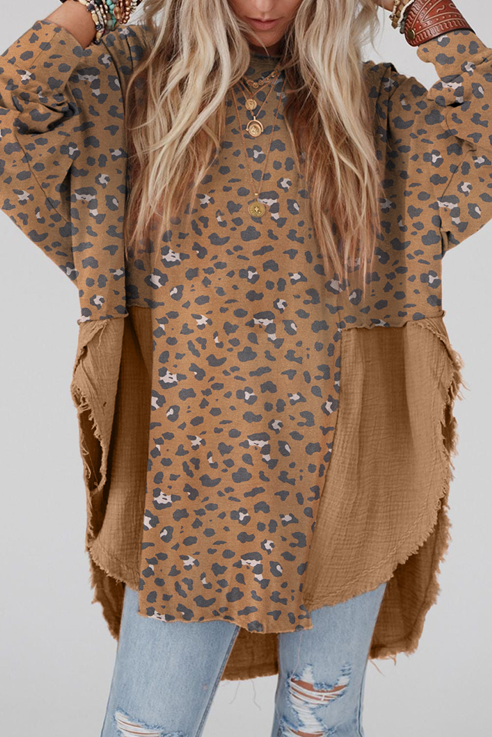 Buy mocha Textured Leopard Dropped Shoulder Blouse