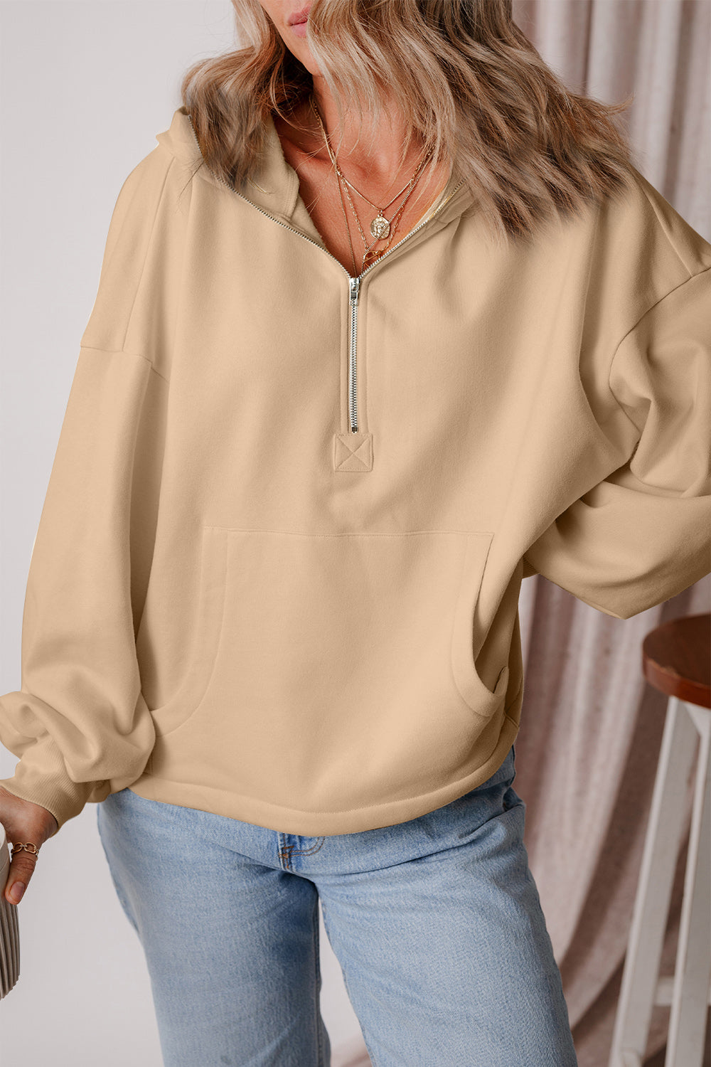 Buy tan Pocketed Half Zip Dropped Shoulder Hoodie