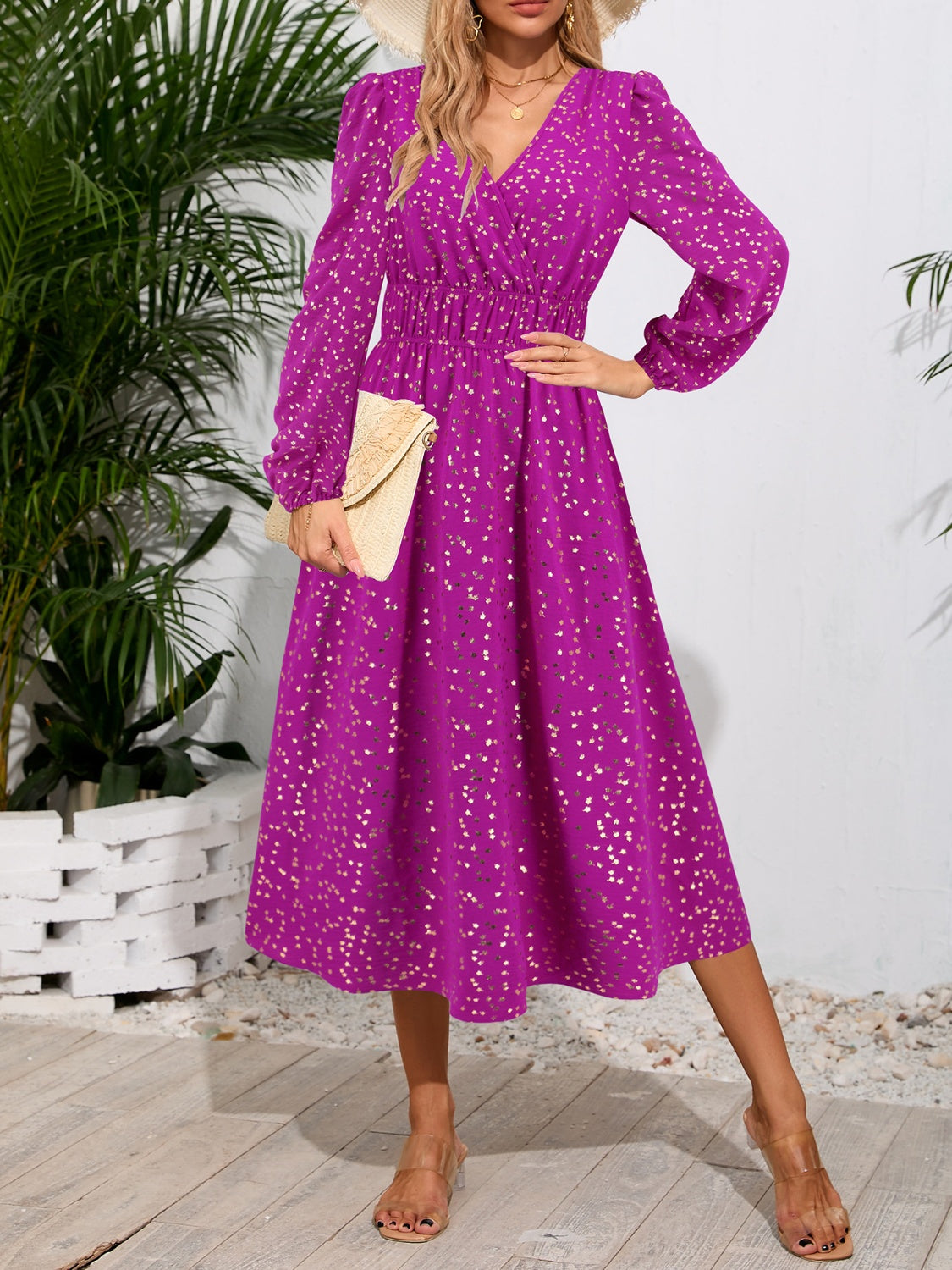 Buy deep-purple Printed Surplice Long Sleeve Midi Dress