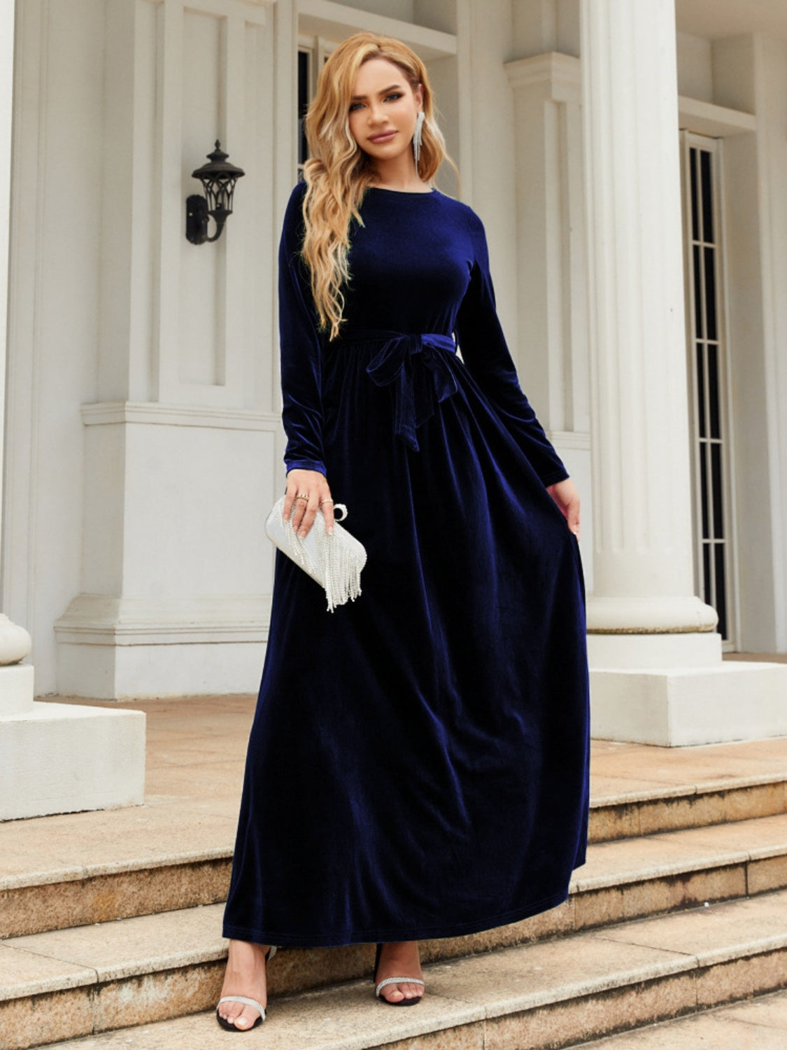 Buy dark-blue Tie Front Round Neck Long Sleeve Maxi Dress