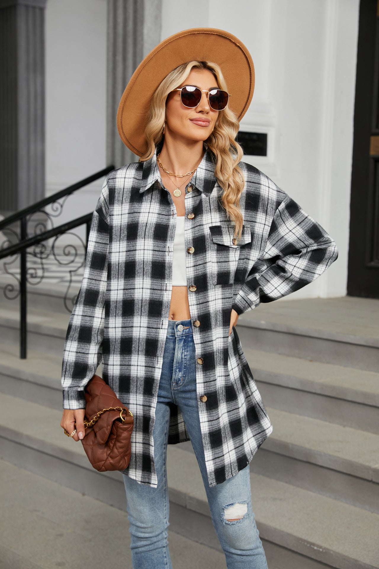 Buy black Plaid Collared Neck Long Sleeve Shirt