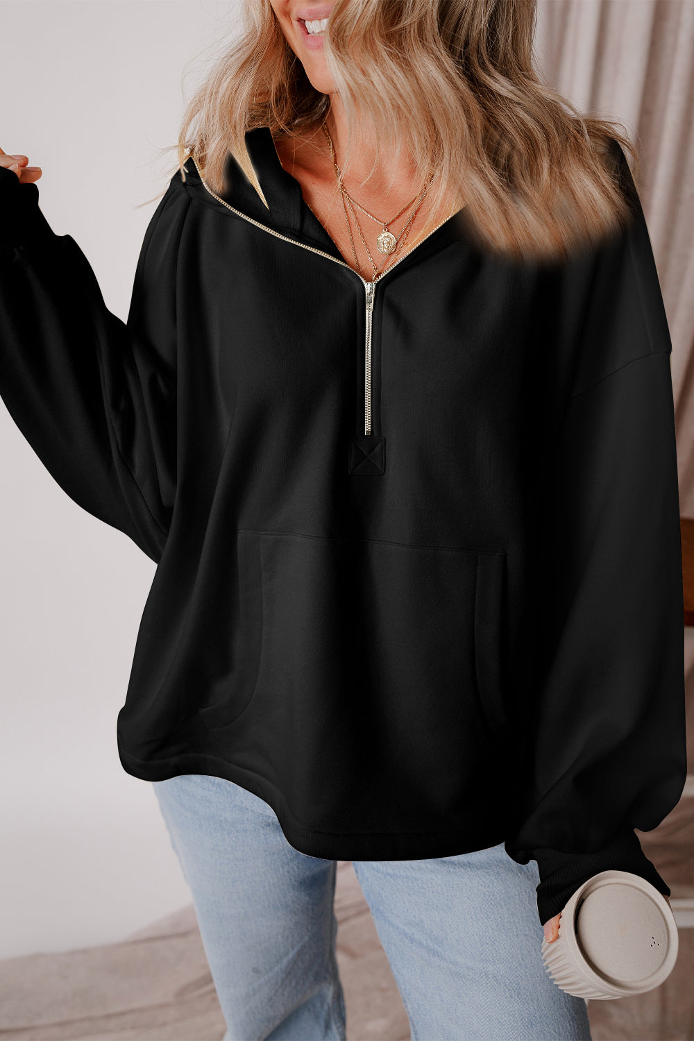 Buy black Pocketed Half Zip Dropped Shoulder Hoodie