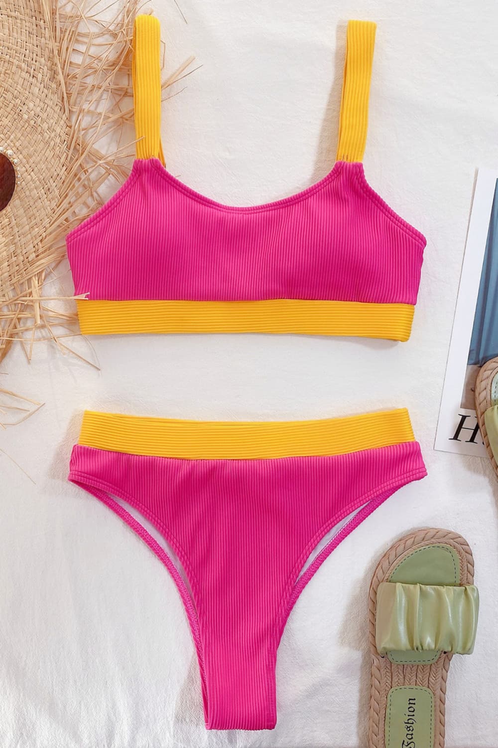 Buy hot-pink Color Block Scoop Neck Bikini Set