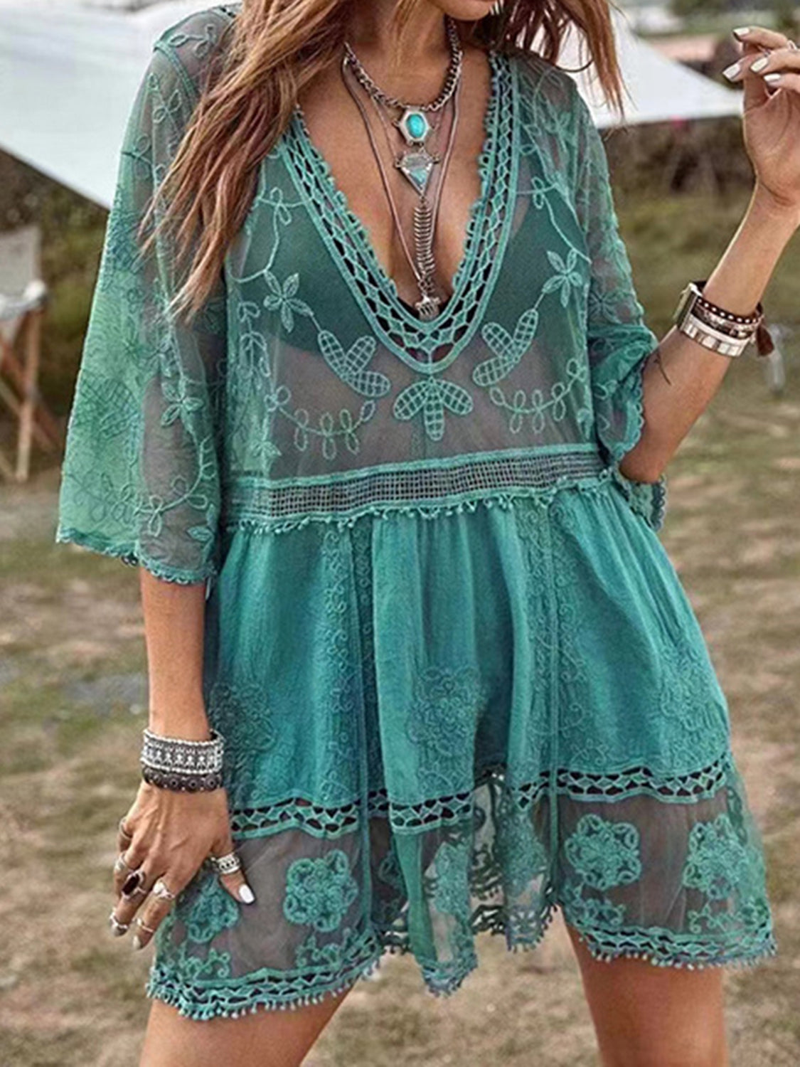 Buy teal Lace Detail Plunge Cover-Up Dress