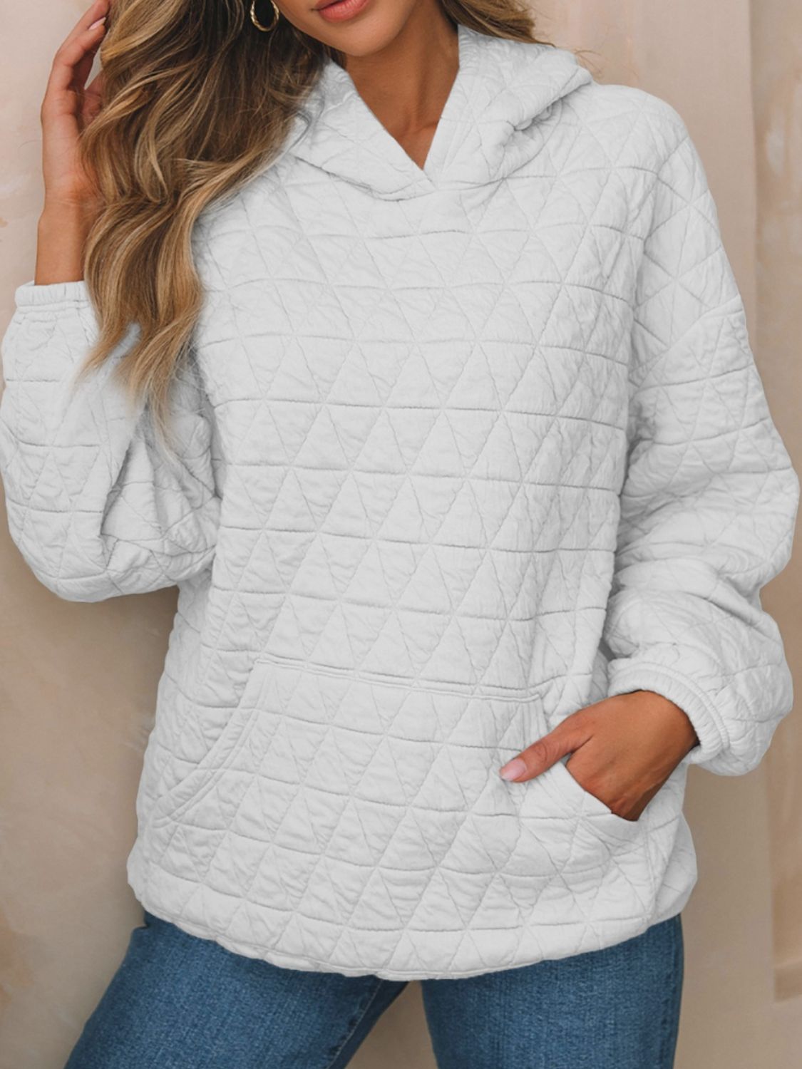 Buy white Textured Long Sleeve Hoodie with Pockets