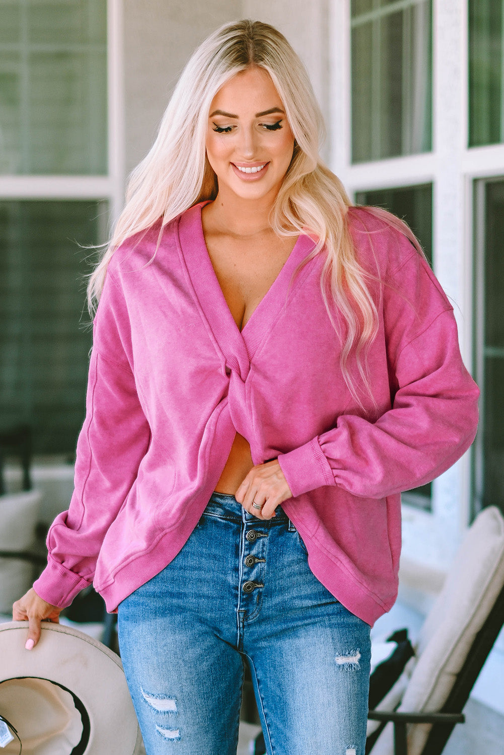 Buy fuchsia-pink Twisted Plunge Neck Dropped Shoulder Sweatshirt