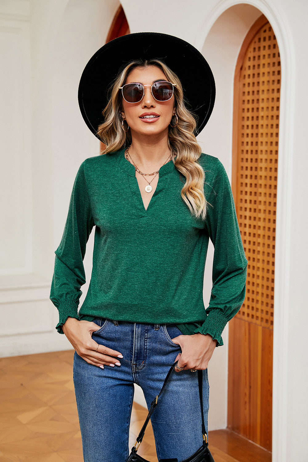 Notched Neck Long Sleeve Blouse