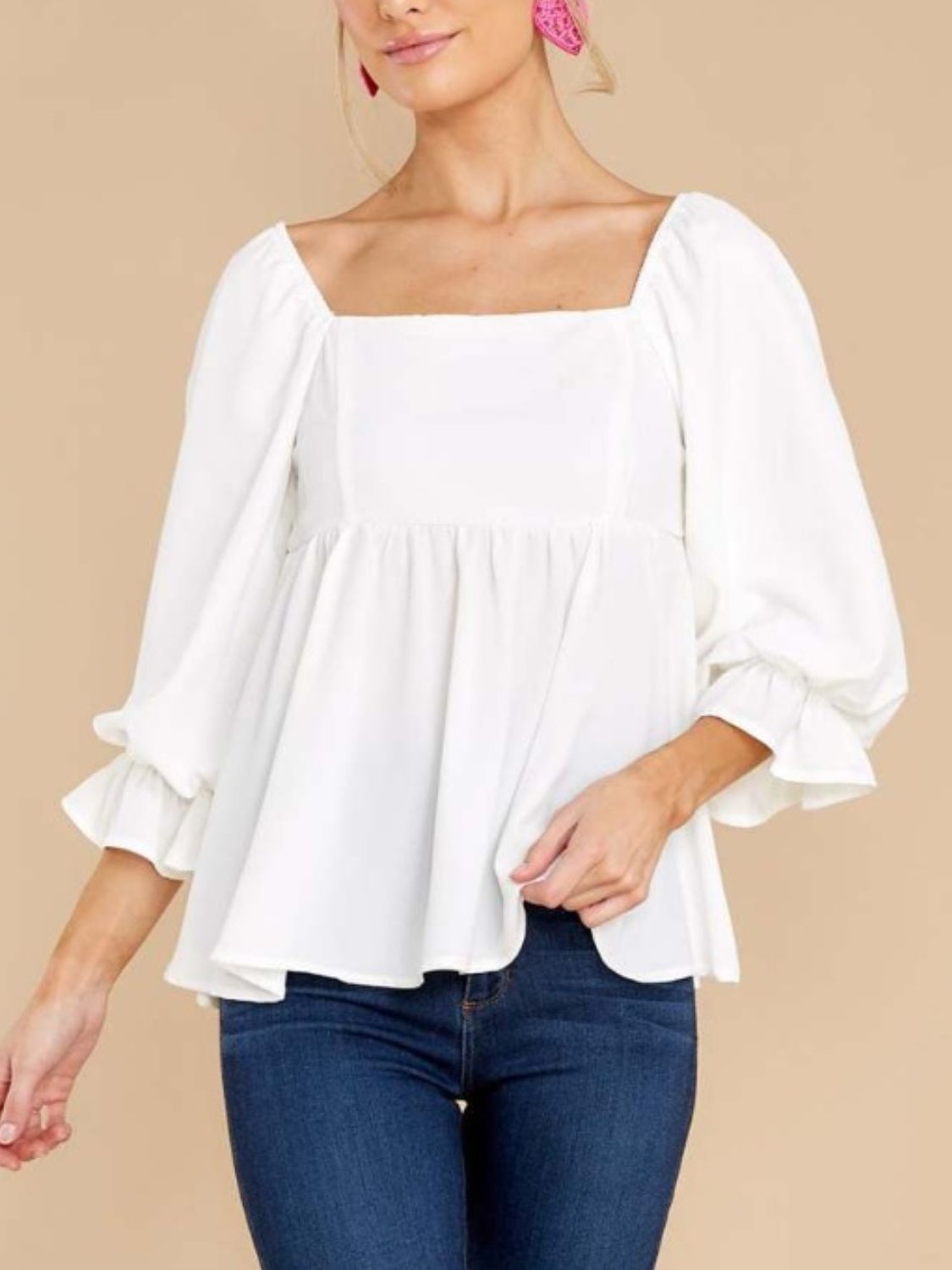 Buy white Smocked Square Neck Flounce Sleeve Blouse