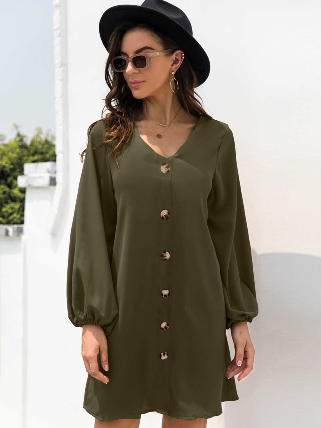 Buy army-green V-Neck Long Sleeve Mini Dress