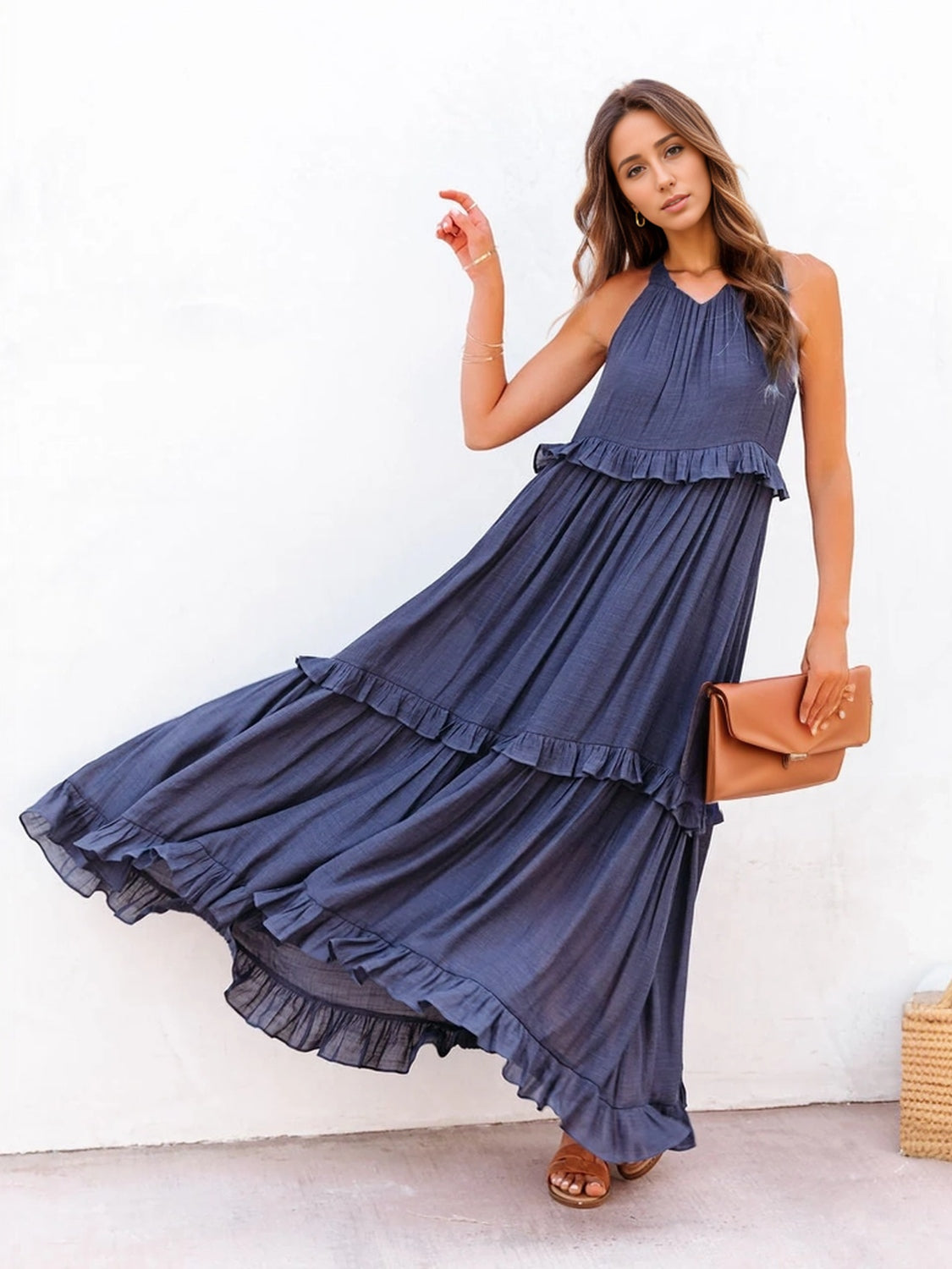 Buy dark-blue Ruffled Sleeveless Tiered Maxi Dress with Pockets