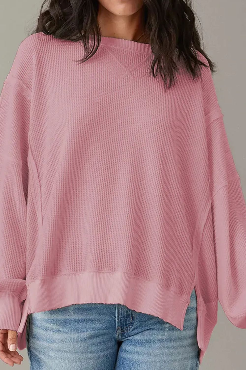 Buy dusty-pink Slit Waffle-Knit Round Neck Long Sleeve Top