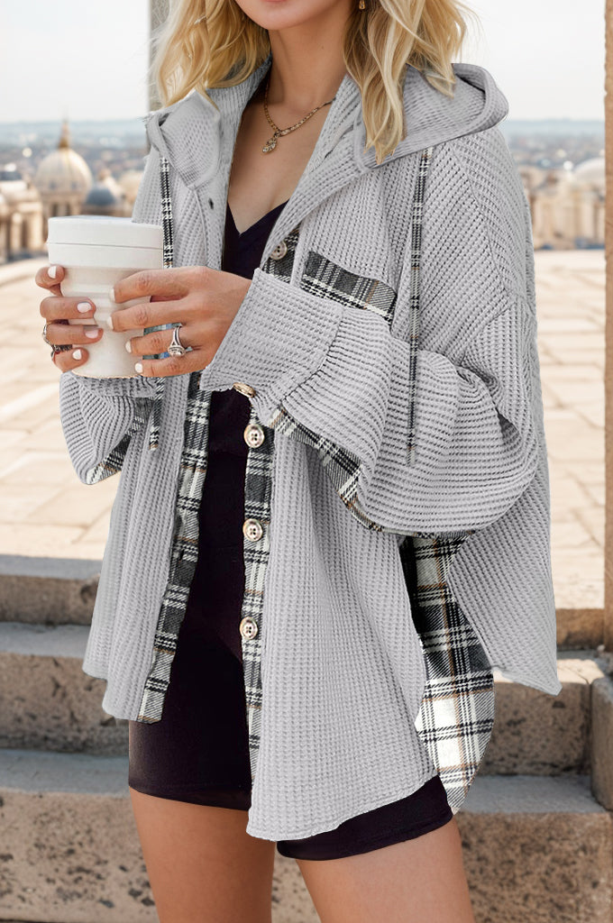 Buy gray Plaid Waffle-Knit Drawstring Hooded Jacket