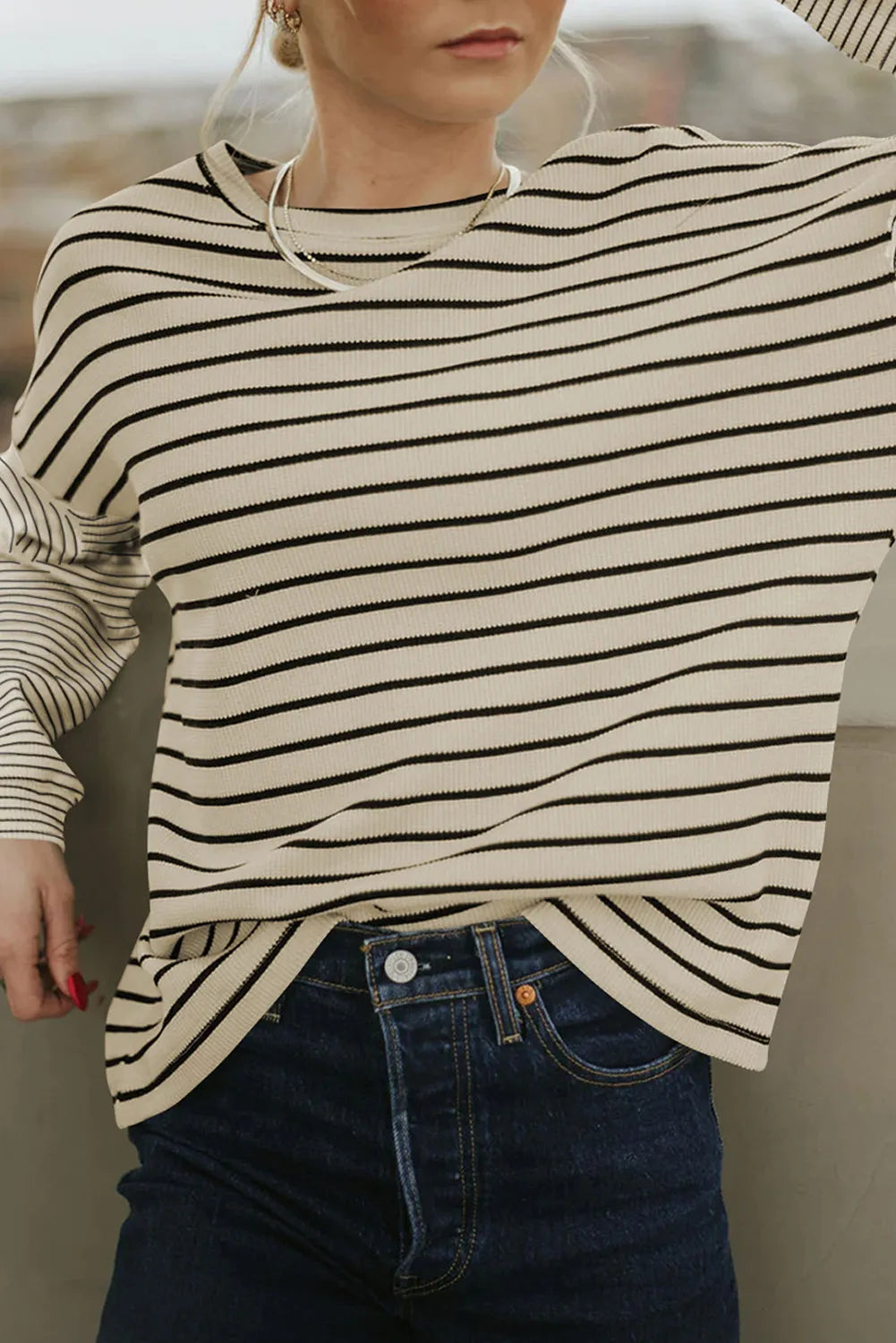 Buy beige Striped Round Neck Dropped Shoulder Top