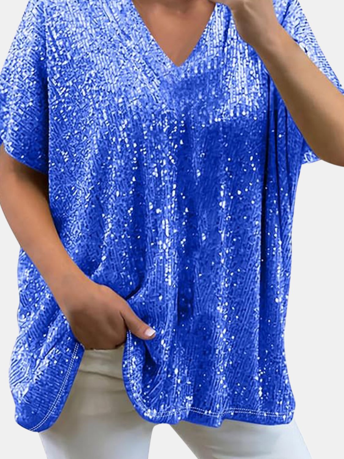 Buy blue Full Size Sequin V-Neck Short Sleeve Top