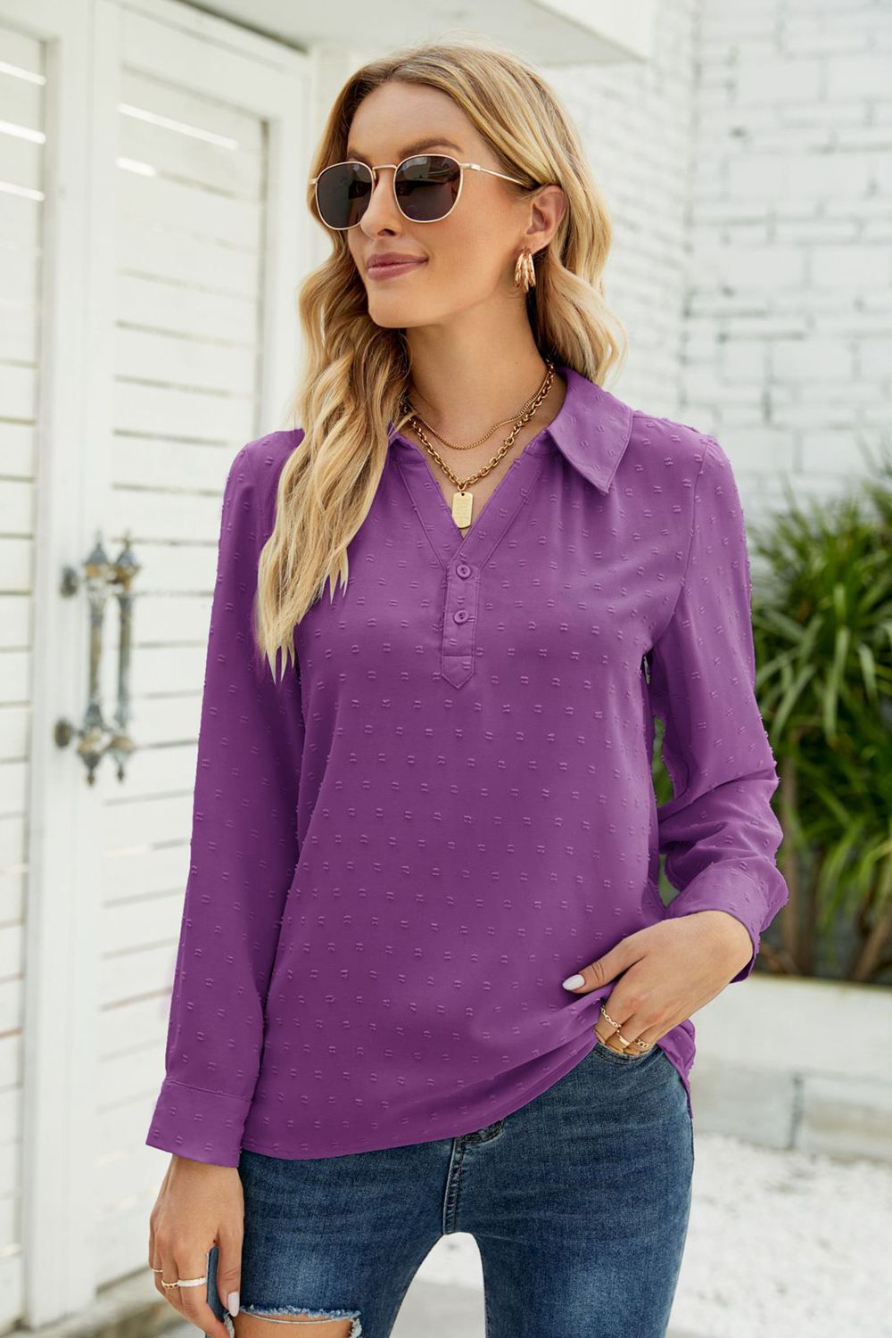 Buy purple Swiss Dot Johnny Collar Blouse