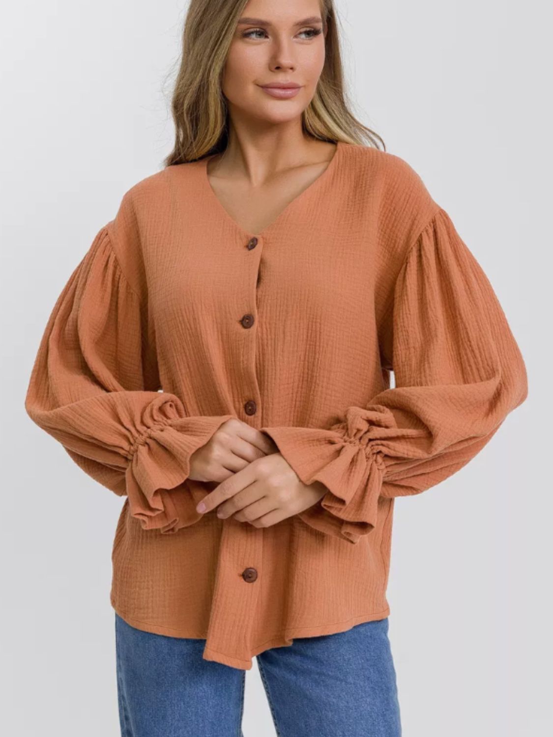 Button Up Flounce Sleeve Shirt