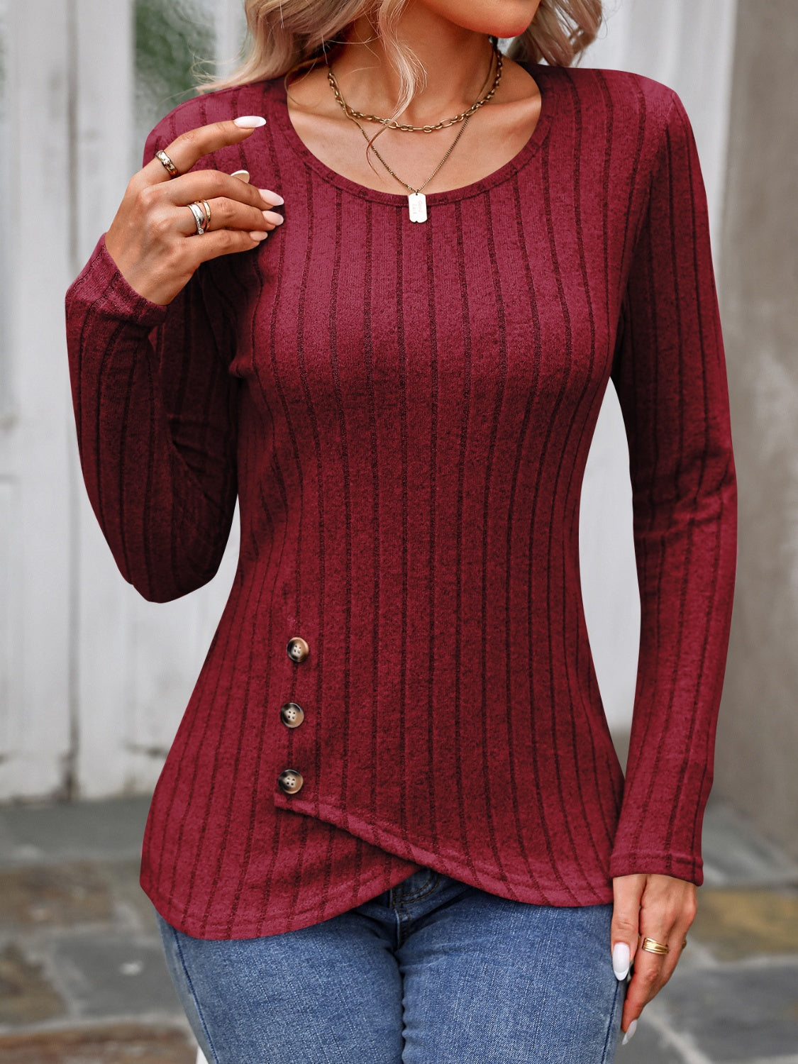 Buy burgundy Decorative Button Round Neck Long Sleeve T-Shirt