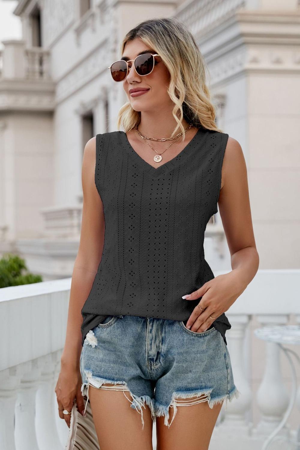 Buy black Eyelet V-Neck Tank