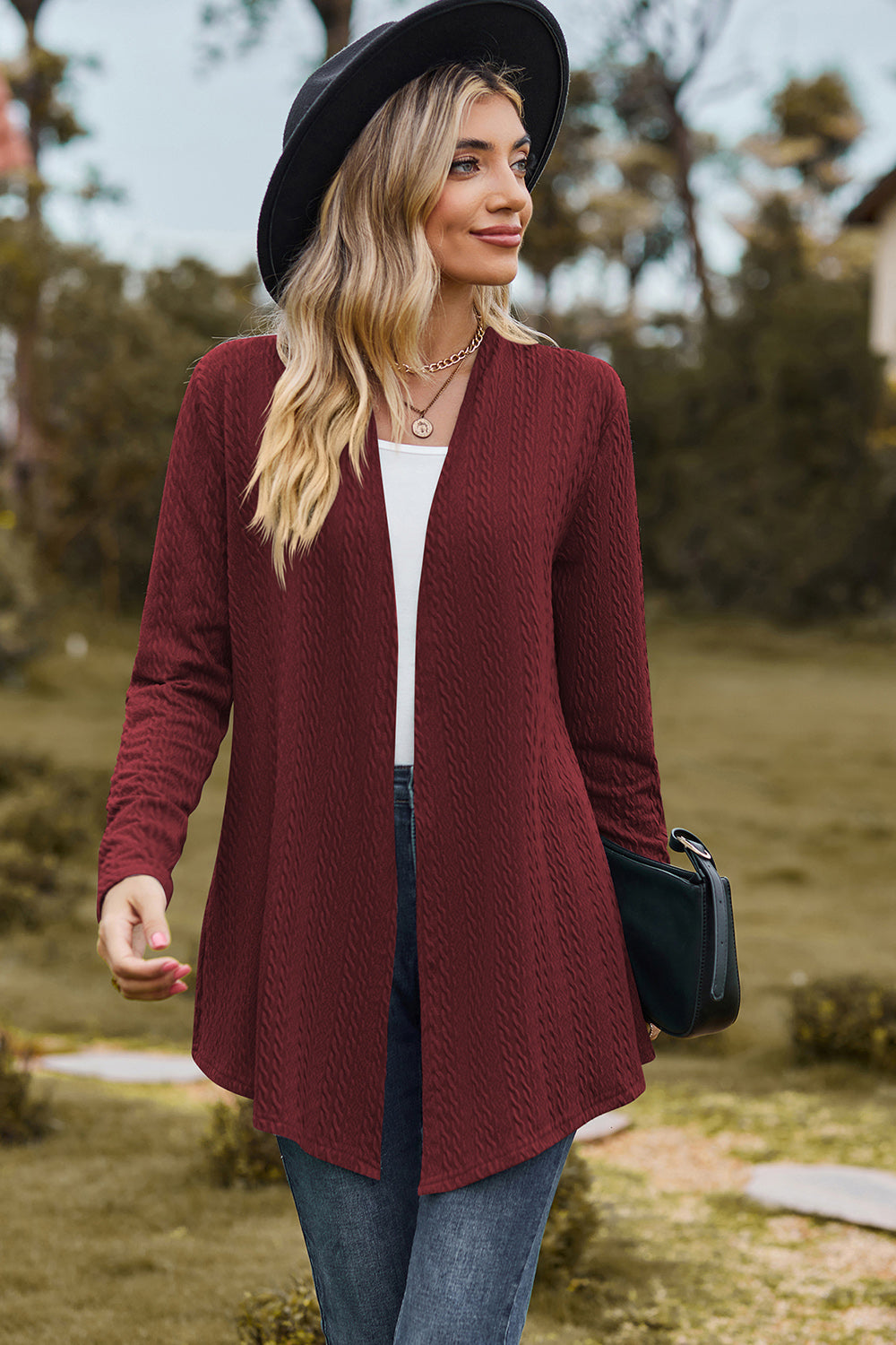 Buy burgundy Textured Open Front Long Sleeve Cardigan