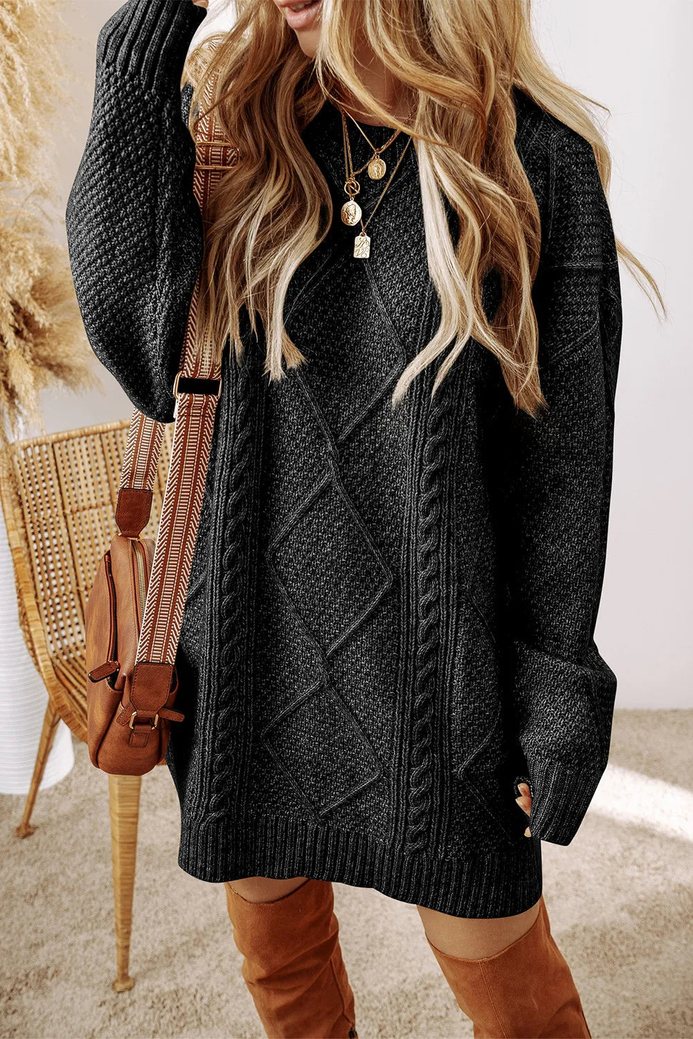 Buy black Cable-Knit Round Neck Sweater Dress