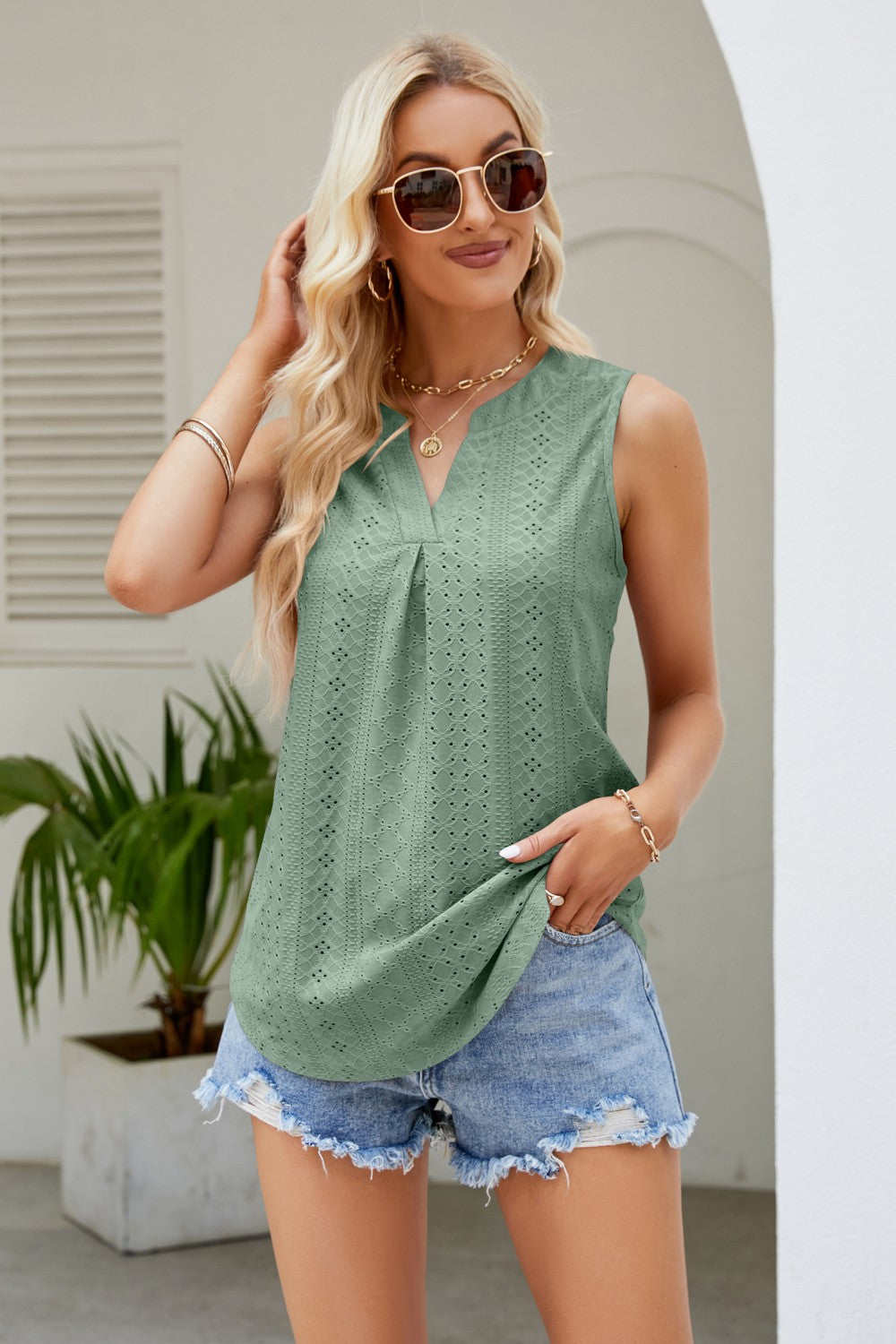 Buy sage Notched Neck Curved Hem Eyelet Tank