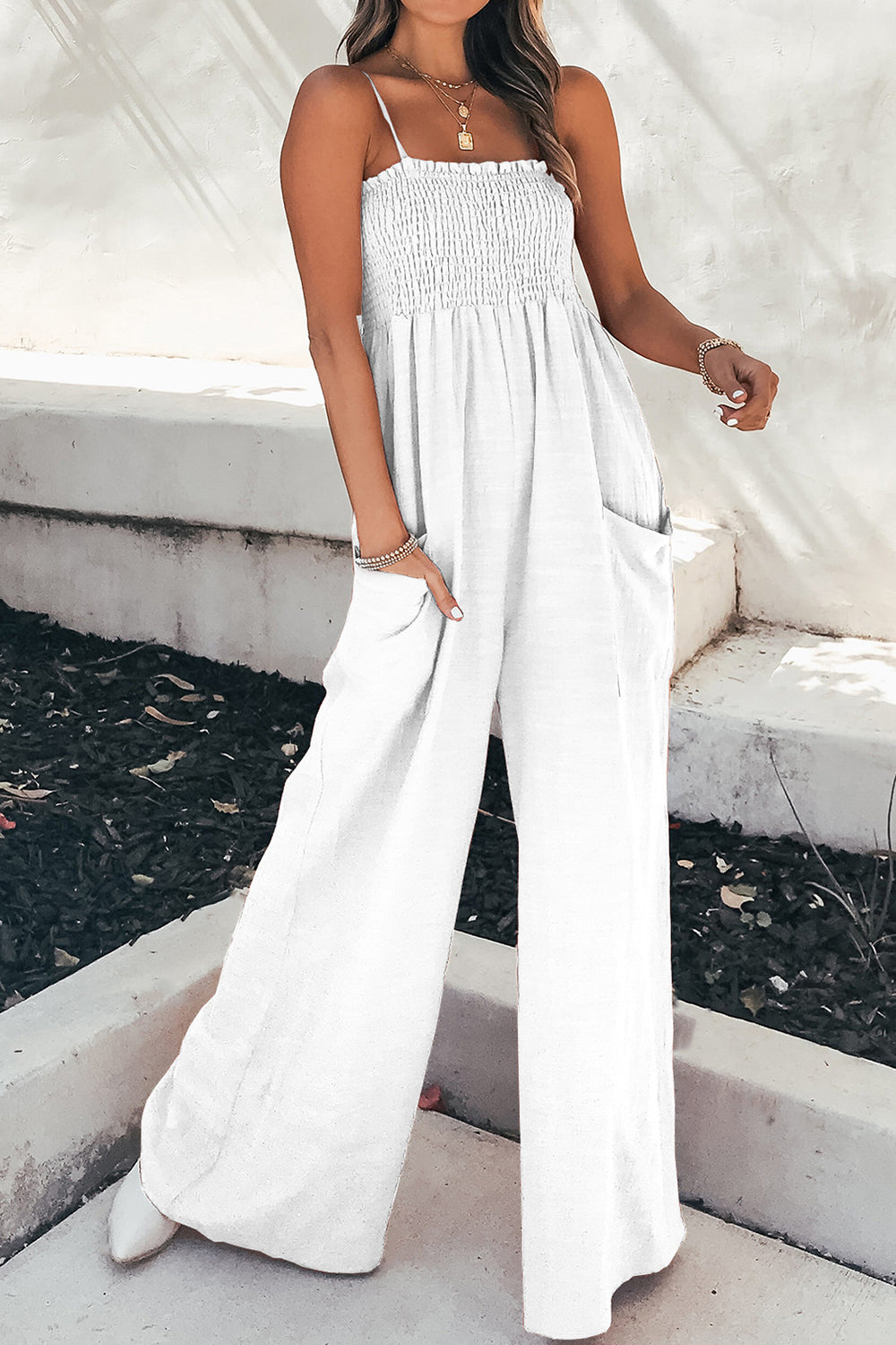 Buy white Smocked Spaghetti Strap Wide Leg Jumpsuit