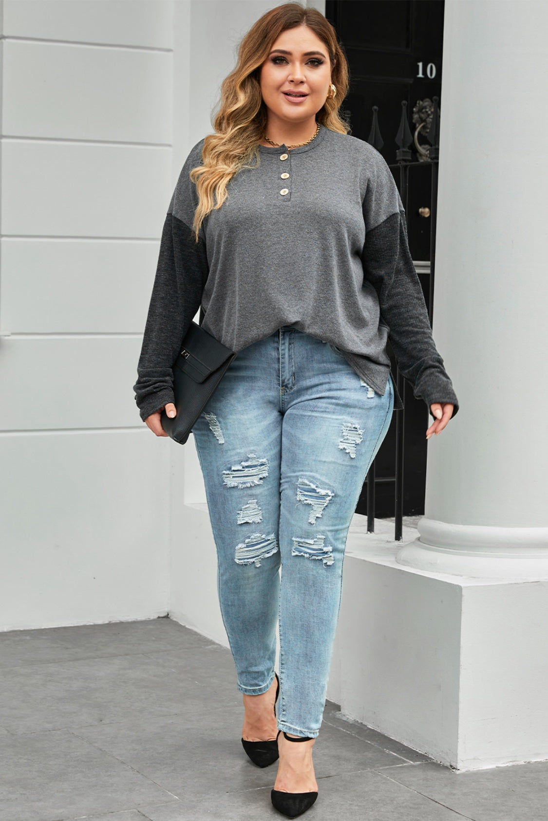 Plus Size Round Neck Long Sleeve Buttoned Blouse