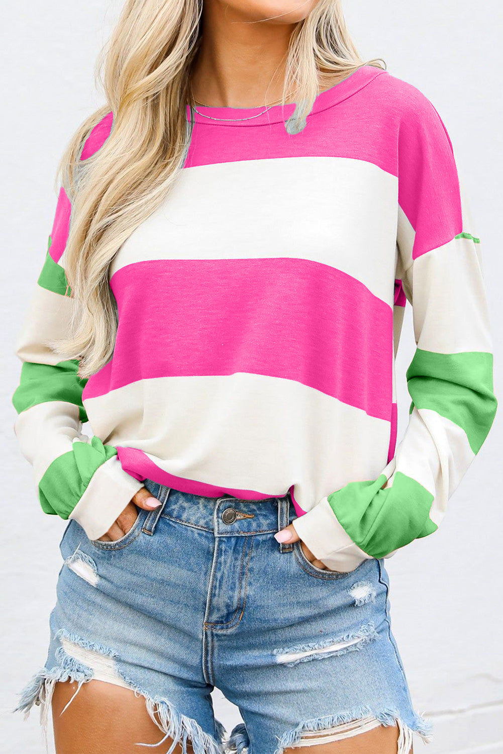 Buy hot-pink Contrast Color Block Round Neck Long Sleeve Top