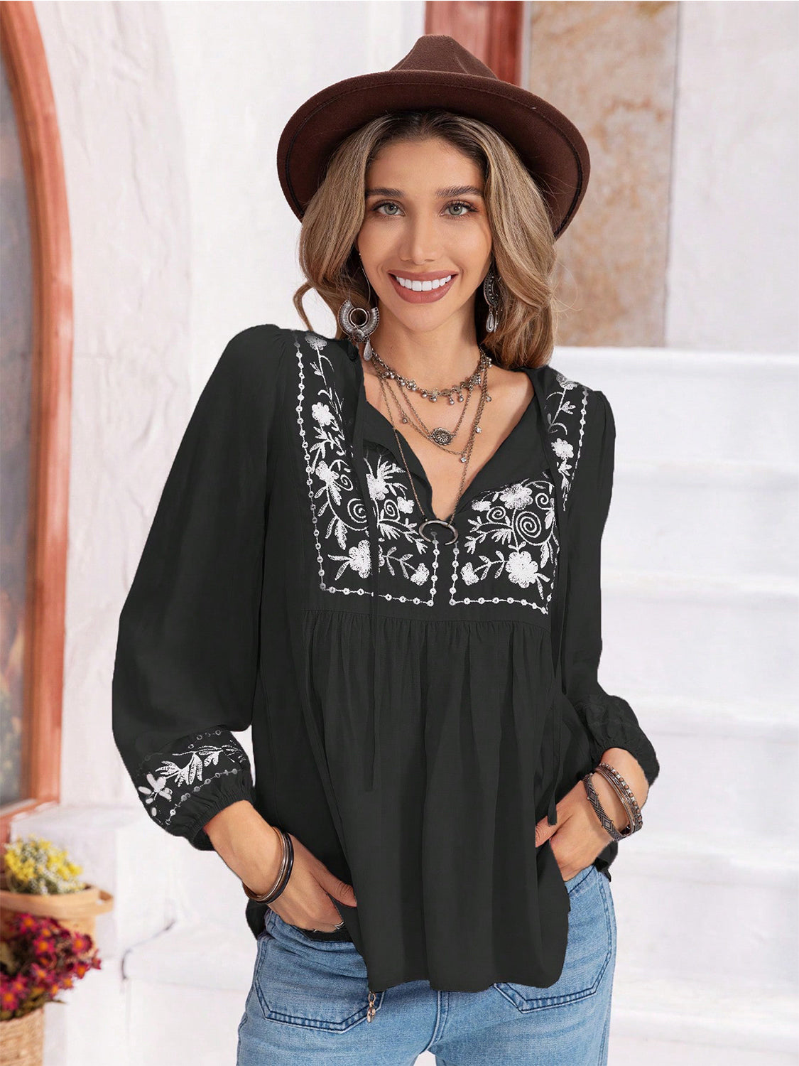 Buy black Floral Tie Neck Balloon Sleeve Blouse