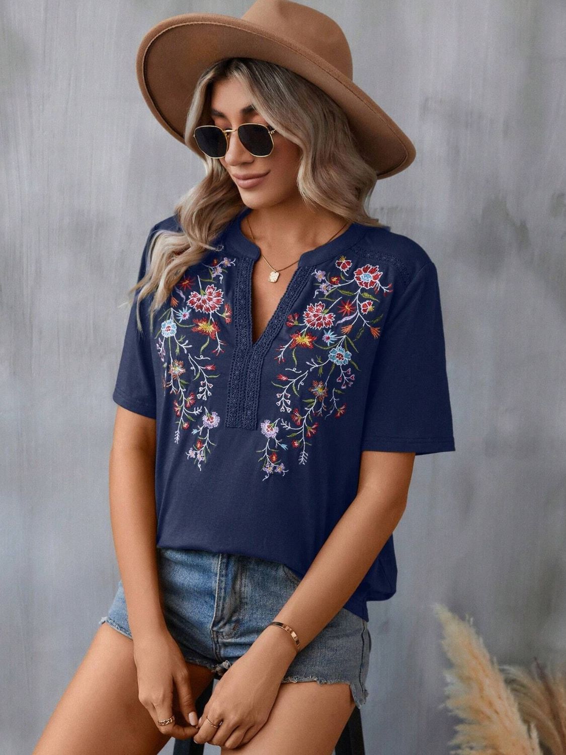 Buy dark-navy Embroidered Notched Short Sleeve T-Shirt