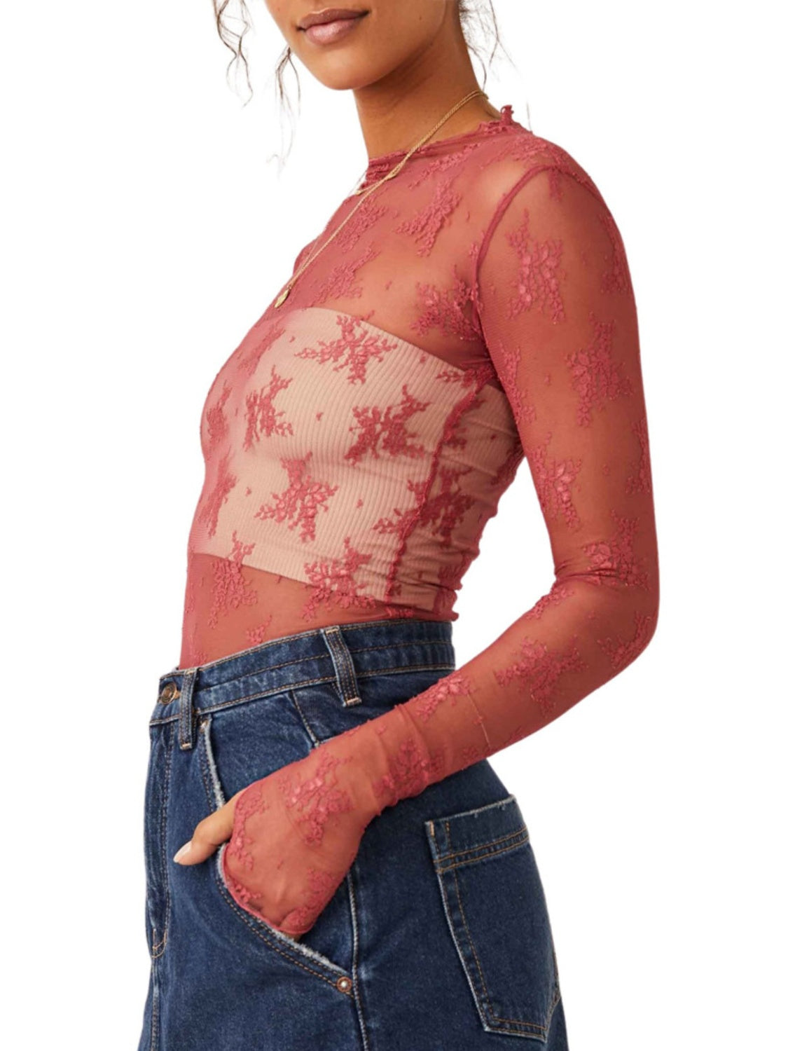 Buy deep-red Lace Mock Neck Long Sleeve Blouse