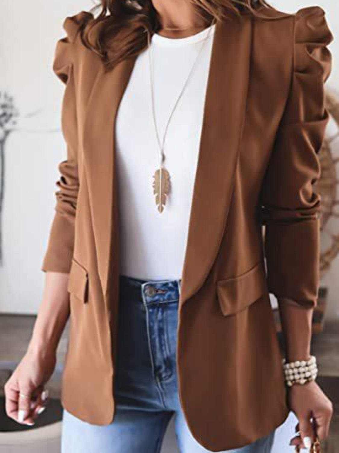 Buy brown Collared Neck Puff Sleeve Blazer