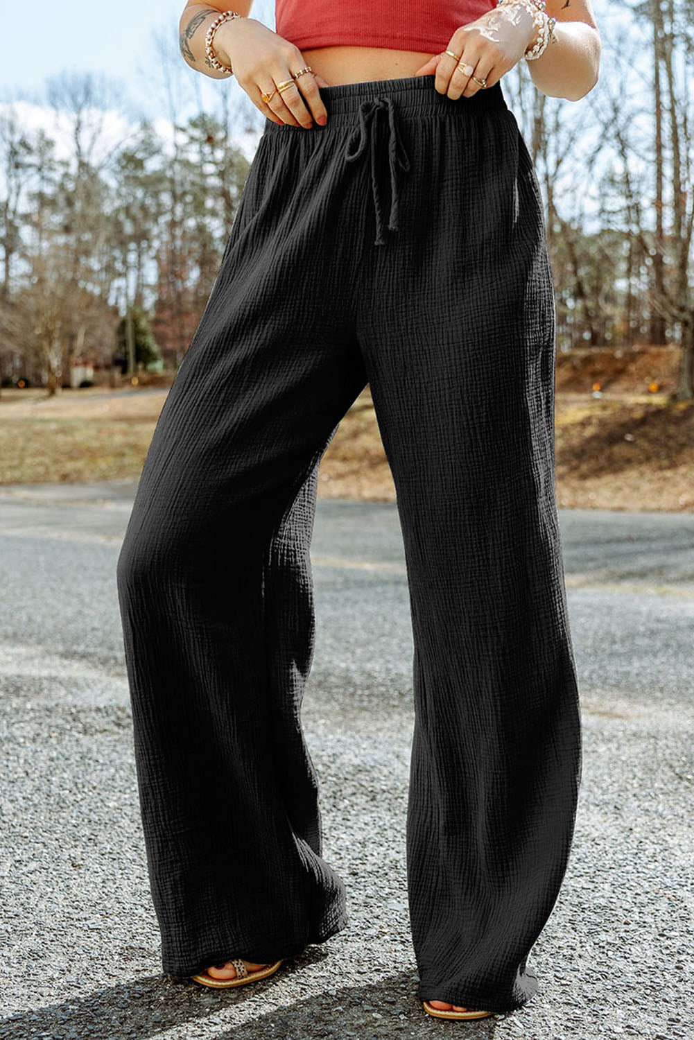 Buy black Texture Tied Wide Leg Pants