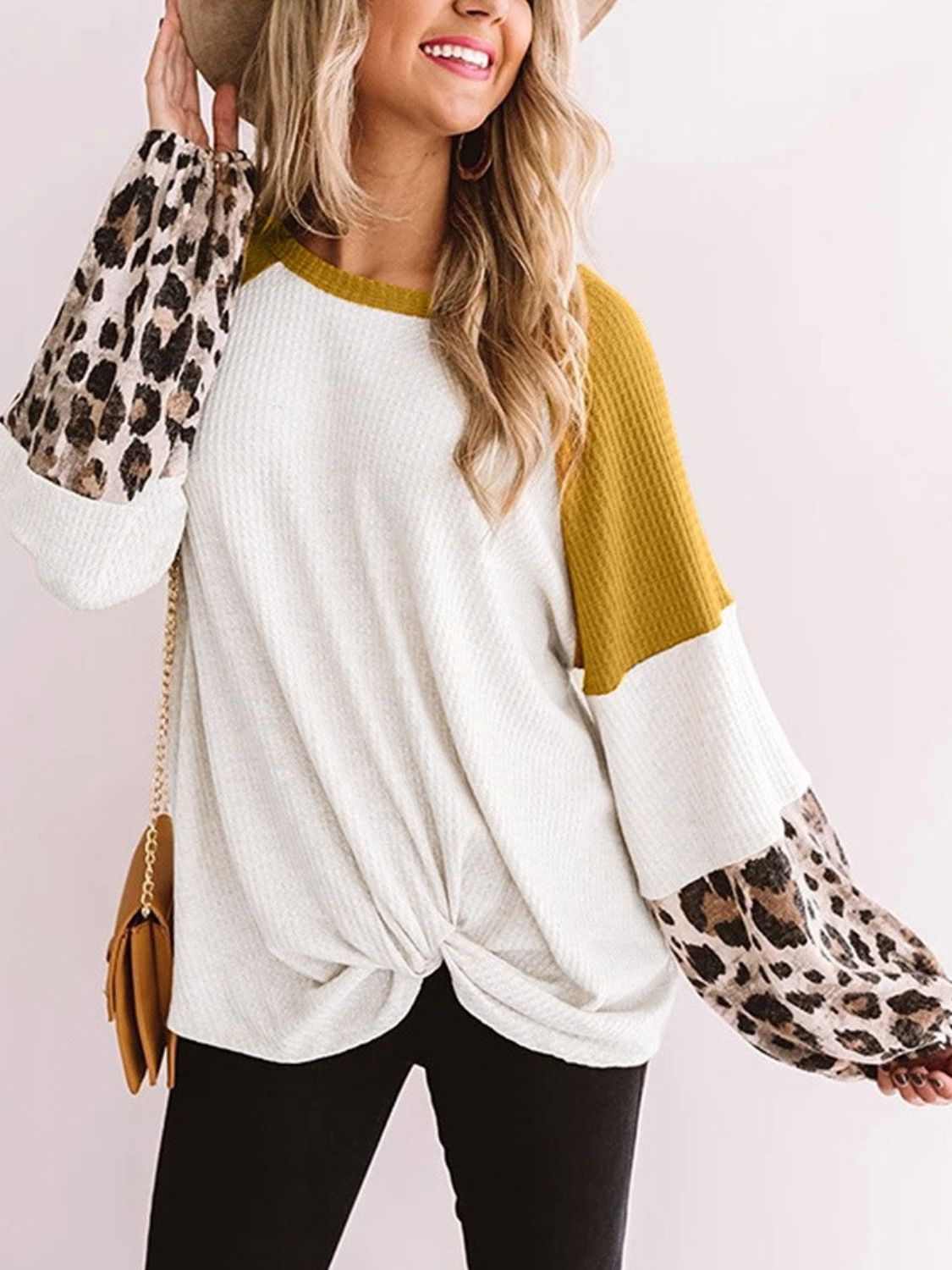 Buy mustard Twisted Color Block Round Neck Long Sleeve T-Shirt