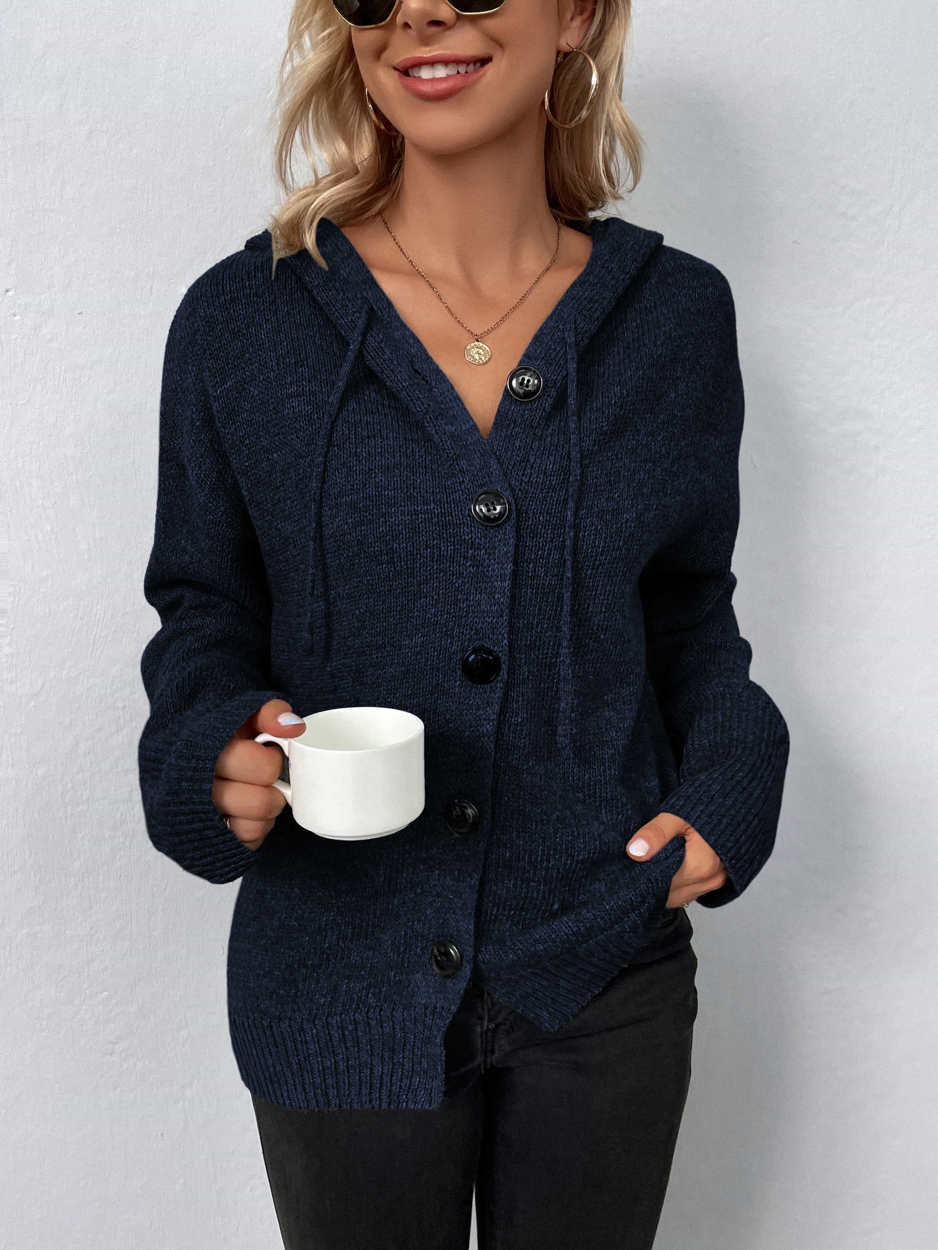 Buy dark-blue Button-Down Long Sleeve Hooded Sweater