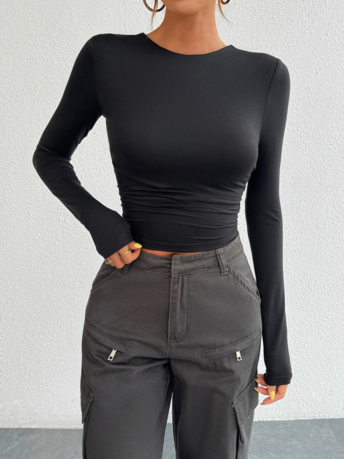 Buy black Devine Backless Round Neck Long Sleeve T-Shirt