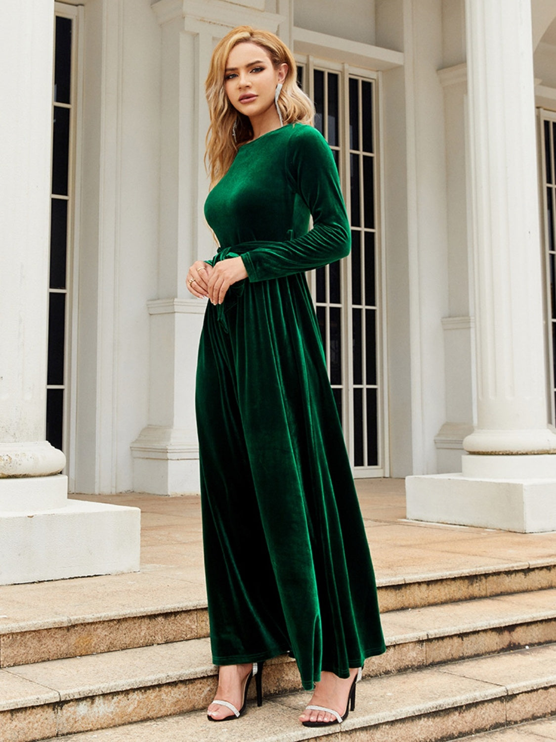 Buy dark-green Tie Front Round Neck Long Sleeve Maxi Dress