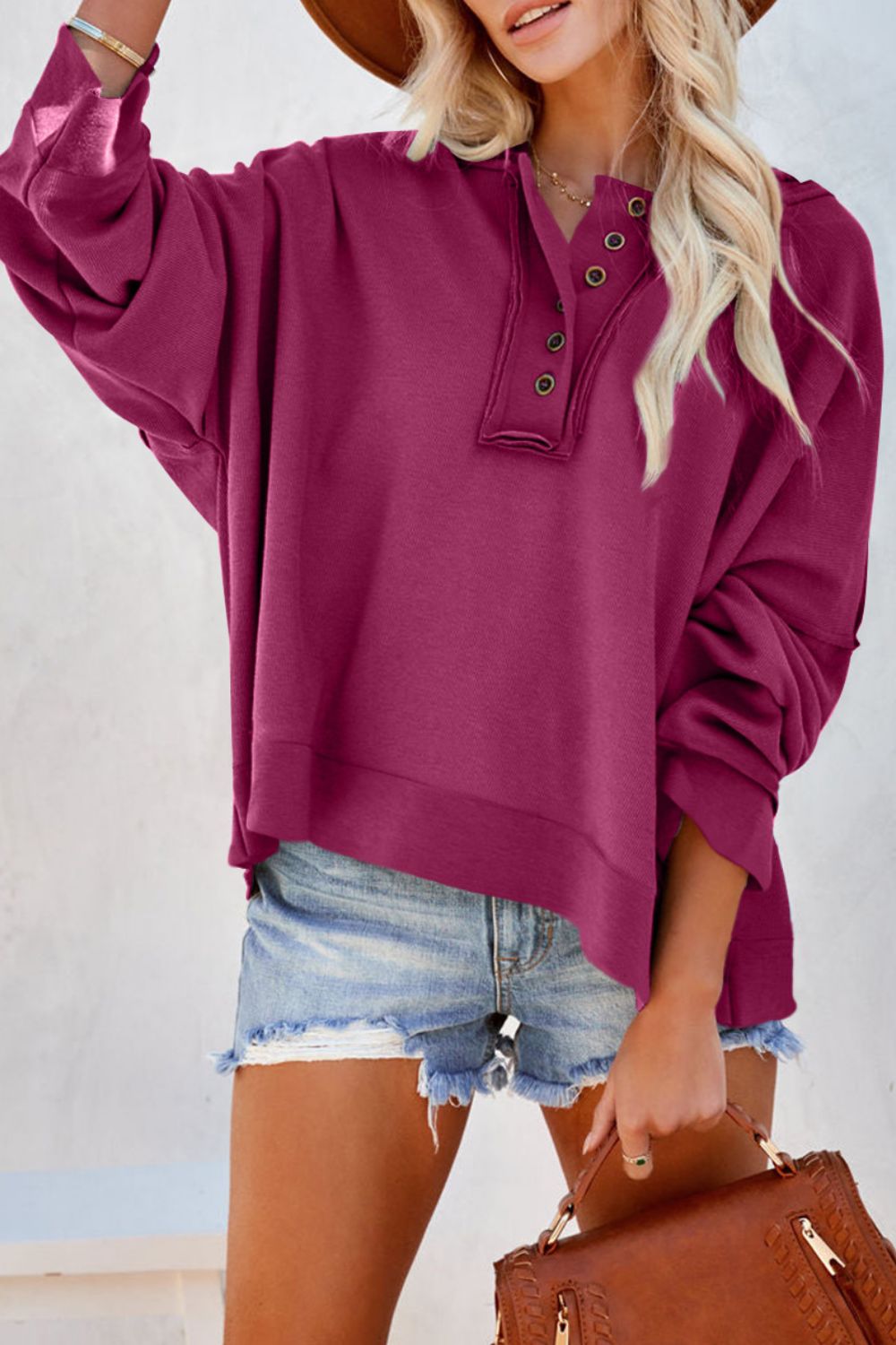 Buy fuchsia Quarter-Button Exposed Seam Dropped Shoulder Hoodie