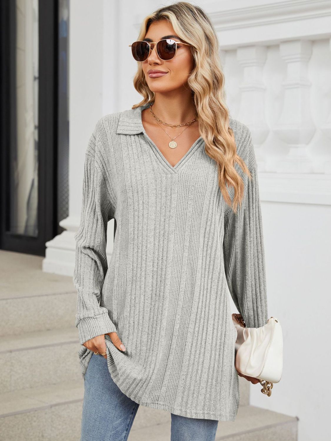 Buy light-gray Slit Johnny Collar Long Sleeve T-Shirt