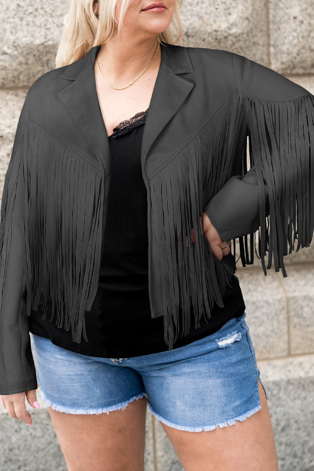 Buy dark-gray Plus Size Fringe Open Front Jacket