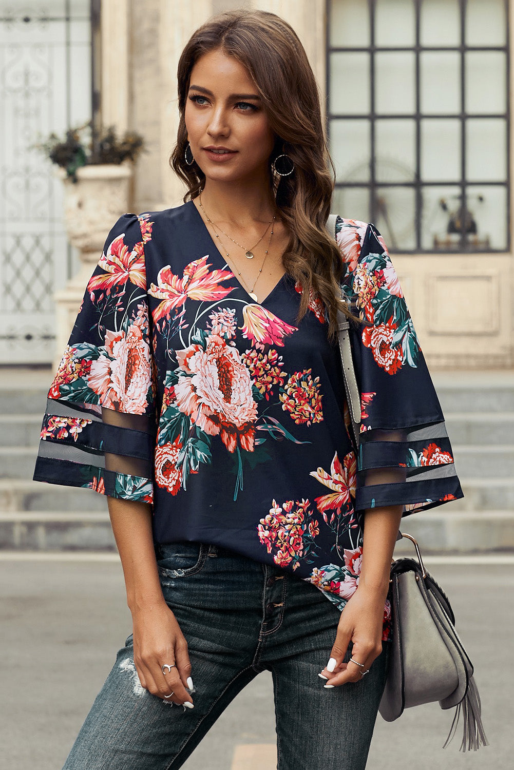 Buy red-floral Printed Flare Sleeve Top