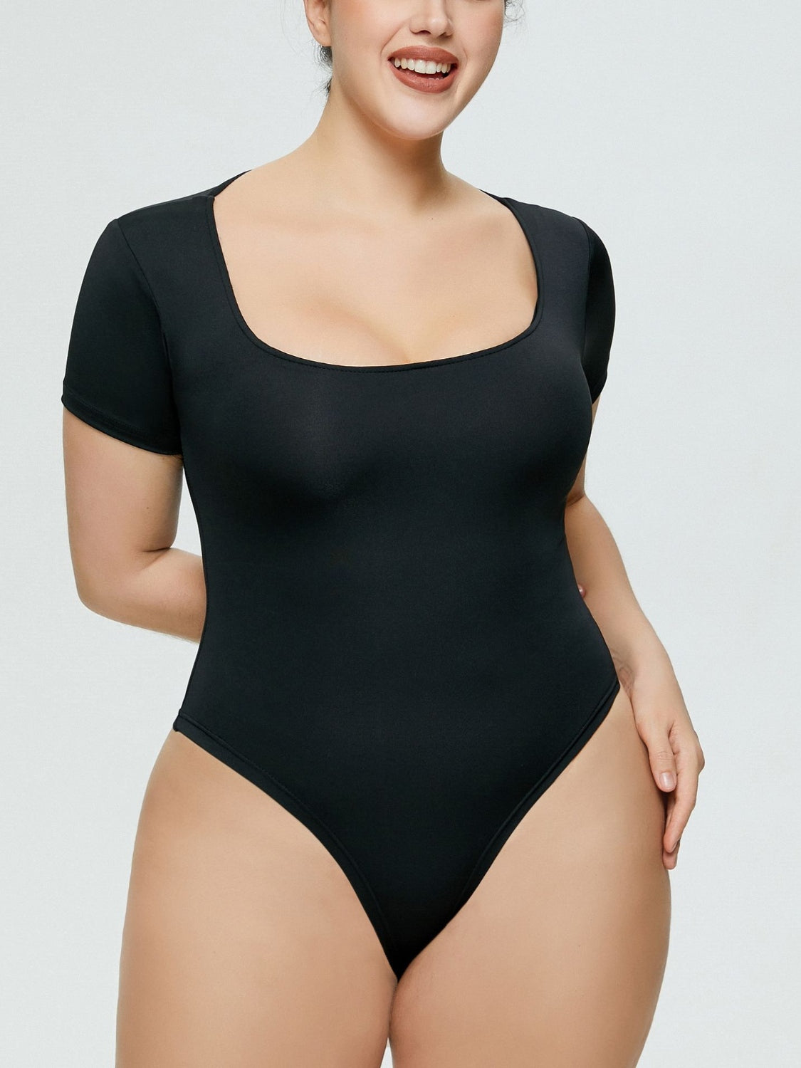 Buy black Full Size Square Neck Short Sleeve Bodysuit