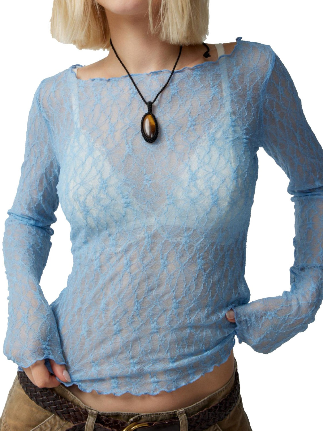 Buy light-blue Lace Boat Neck Long Sleeve Blouse