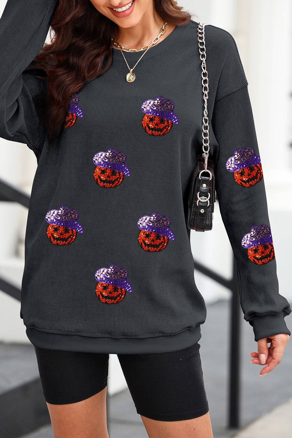 Sequin Pumpkin Long Sleeve Sweatshirt