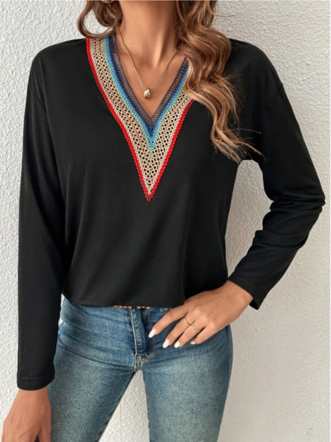 Buy black V-Neck Long Sleeve T-Shirt