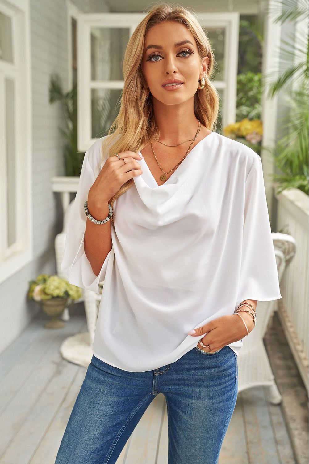 Buy white Short Sleeve Draped Blouse