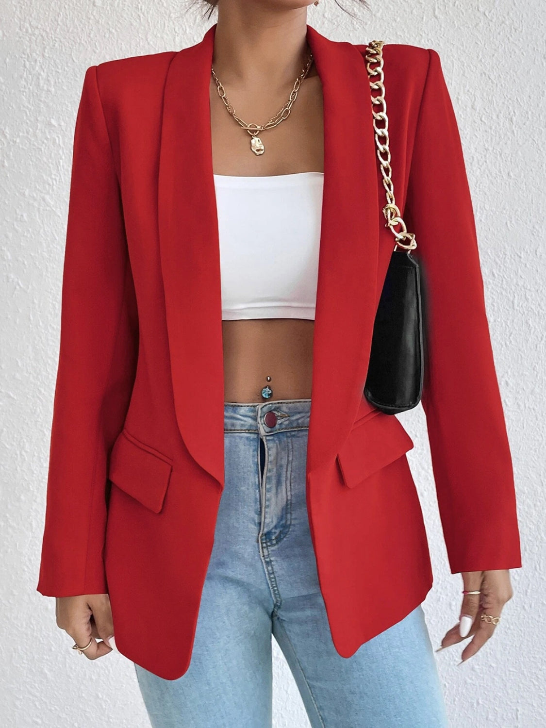 Buy deep-red Shawl Collar Long Sleeve Blazer