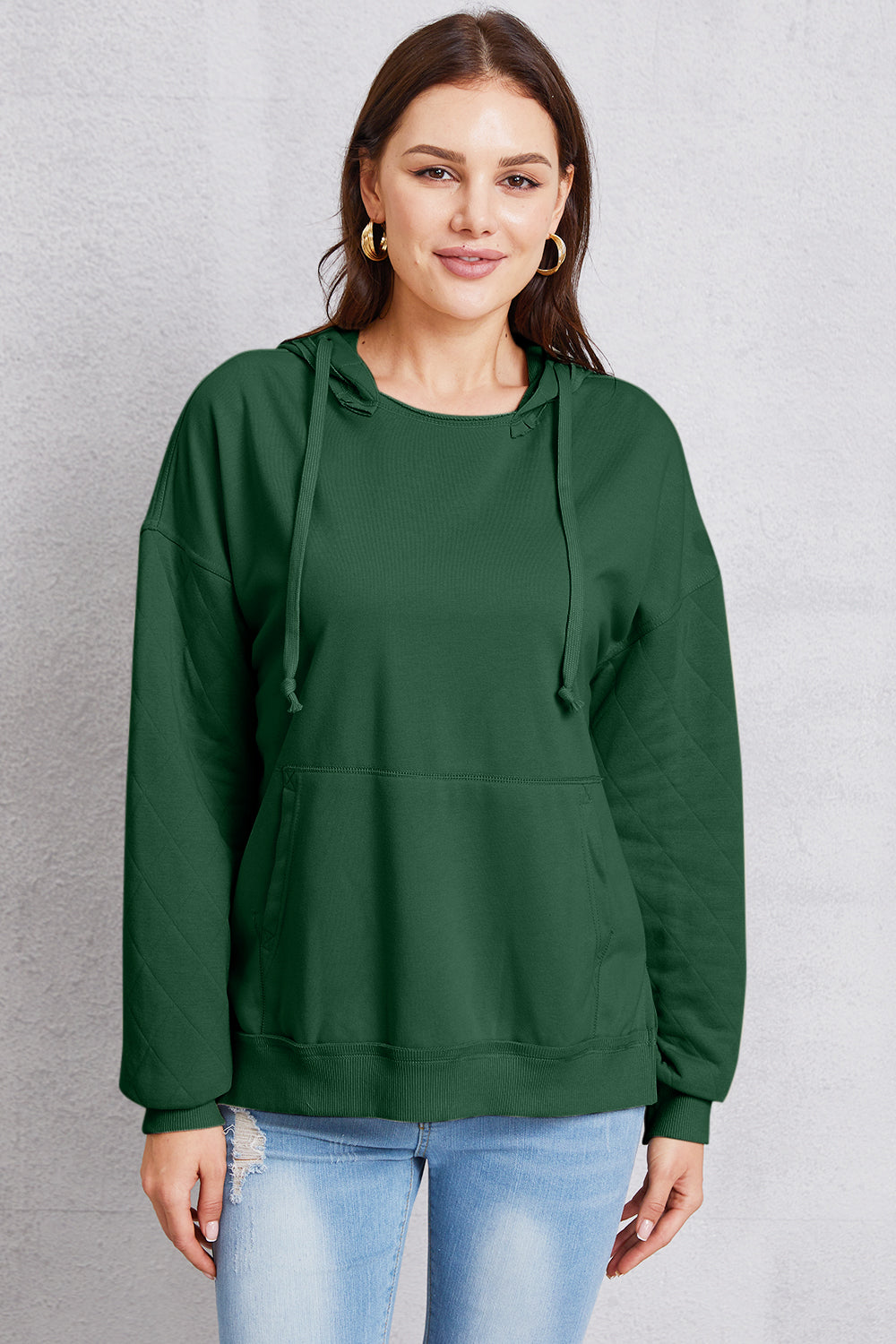 Buy dark-green Drawstring Kangaroo Pocket Dropped Shoulder Hoodie